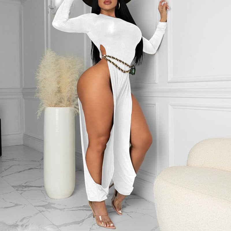 Solid Long Sleeve High Slit Jumpsuit