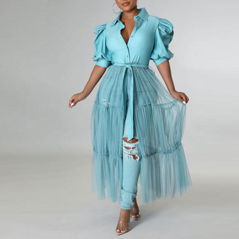 Solid Lantern Sleeve Sheer Mesh Patchwork Shirt Dress