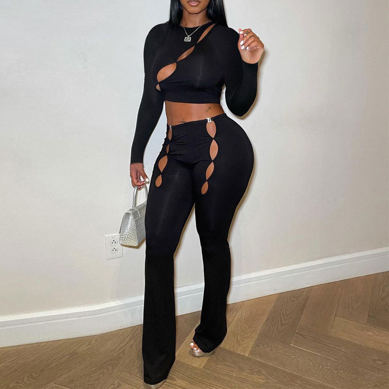 Solid Long Sleeve Cut Out Crop Top & Pants Set