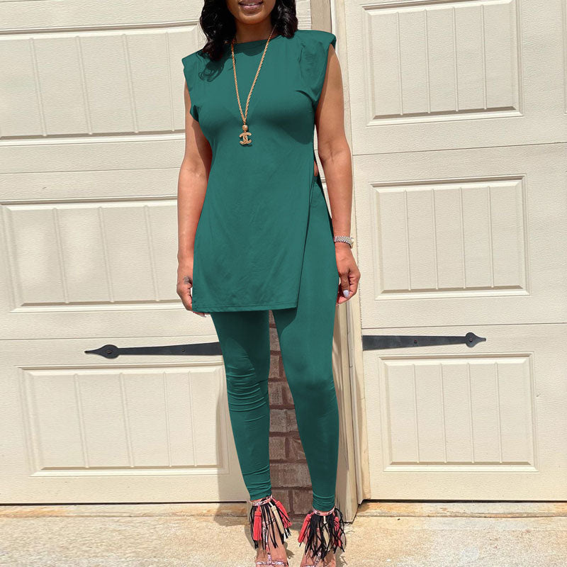 Solid Sleeveless Slit Top & Pants Set