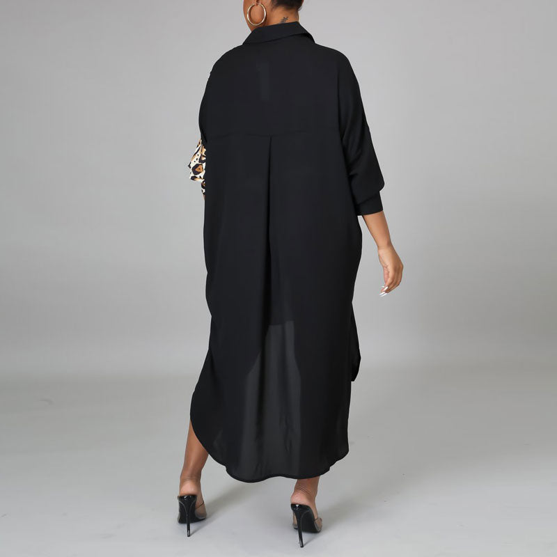 Leopard Print Long Sleeve Pocket Design Irregular Shirt Dress
