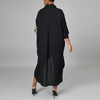 Leopard Print Long Sleeve Pocket Design Irregular Shirt Dress