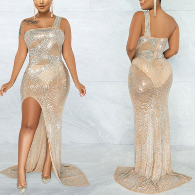 Rhinestone One  Shoulder Sleeveless High Slit Maxi Dress