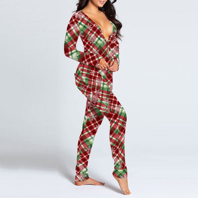 Christmas Pattern Deep V-Neck Long Sleeve Jumpsuit
