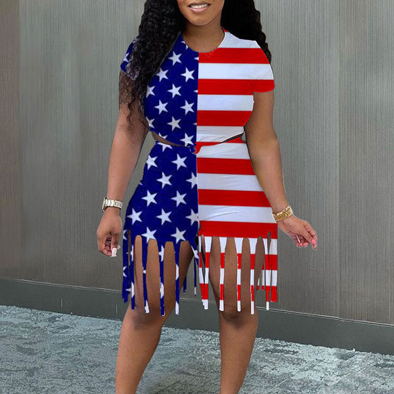 Lips & Flag Print Tassel Design 2PCS Shorts Set