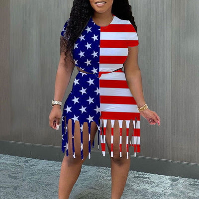 Lips & Flag Print Tassel Design 2PCS Shorts Set