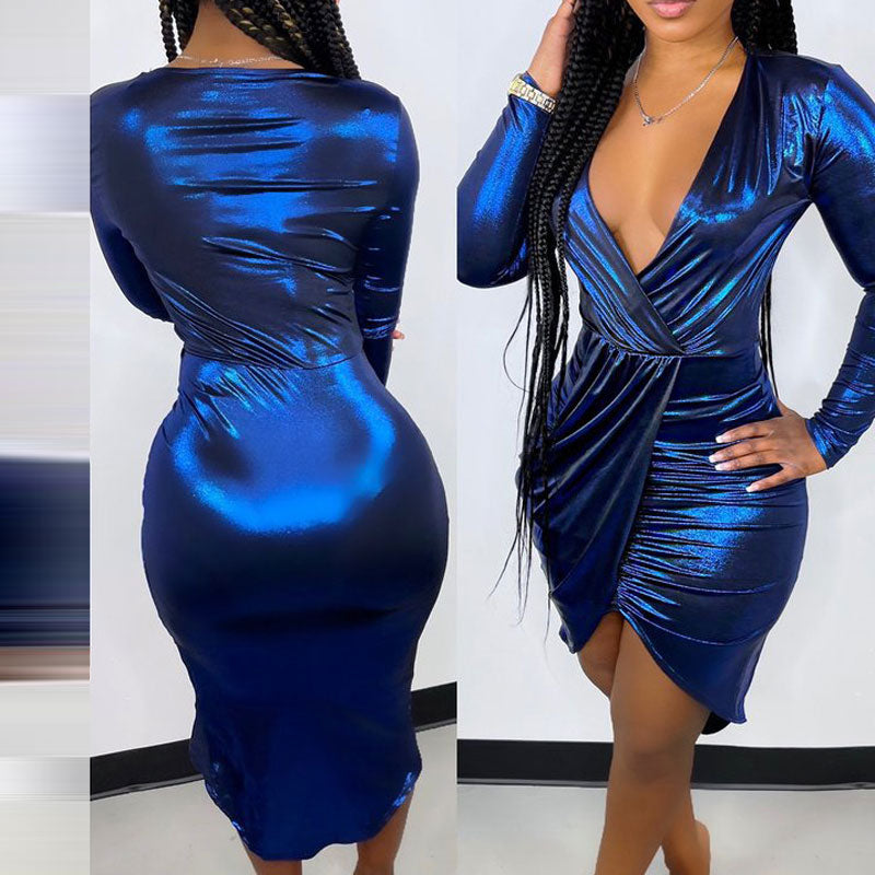 Solid Deep V-Neck Long Sleeve Ruched Bodycon Dress