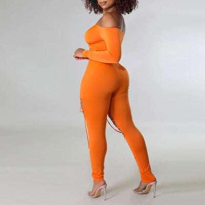 Solid Off Shoulder Long Sleeve Crop Top & Hollow Out Pants Set