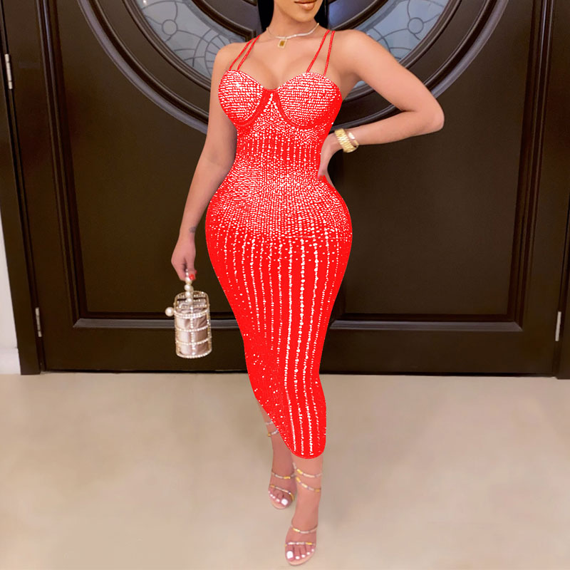 Rhinestone Sleeveless Mesh Spaghetti Strap Bodycon Dress