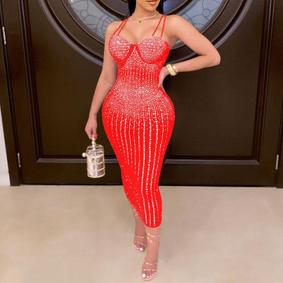 Sequins Rhinestone Sheer Mesh Sling Party Evening Dress