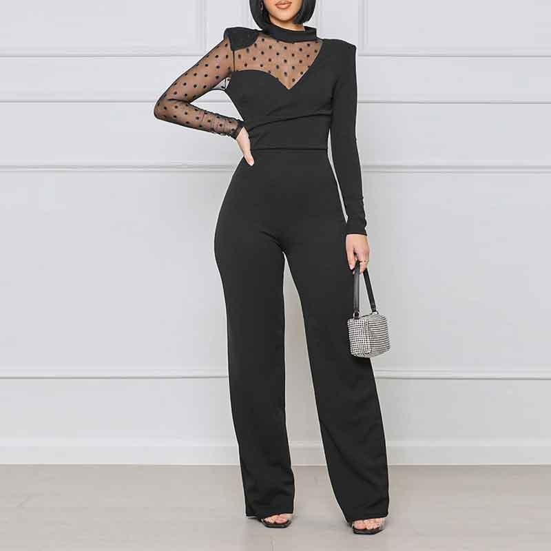 Polka Dot Print Long Sleeve Sheer Mesh Patchwork Jumpsuit