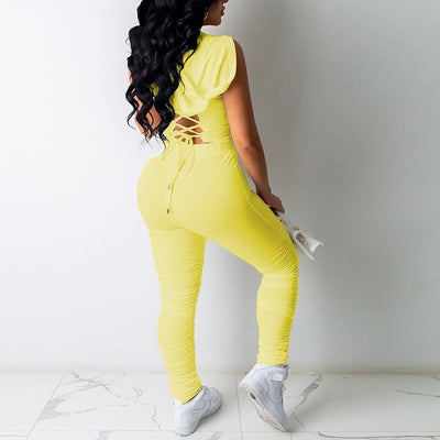 Solid Zipper Design Hooded Two Piece Set