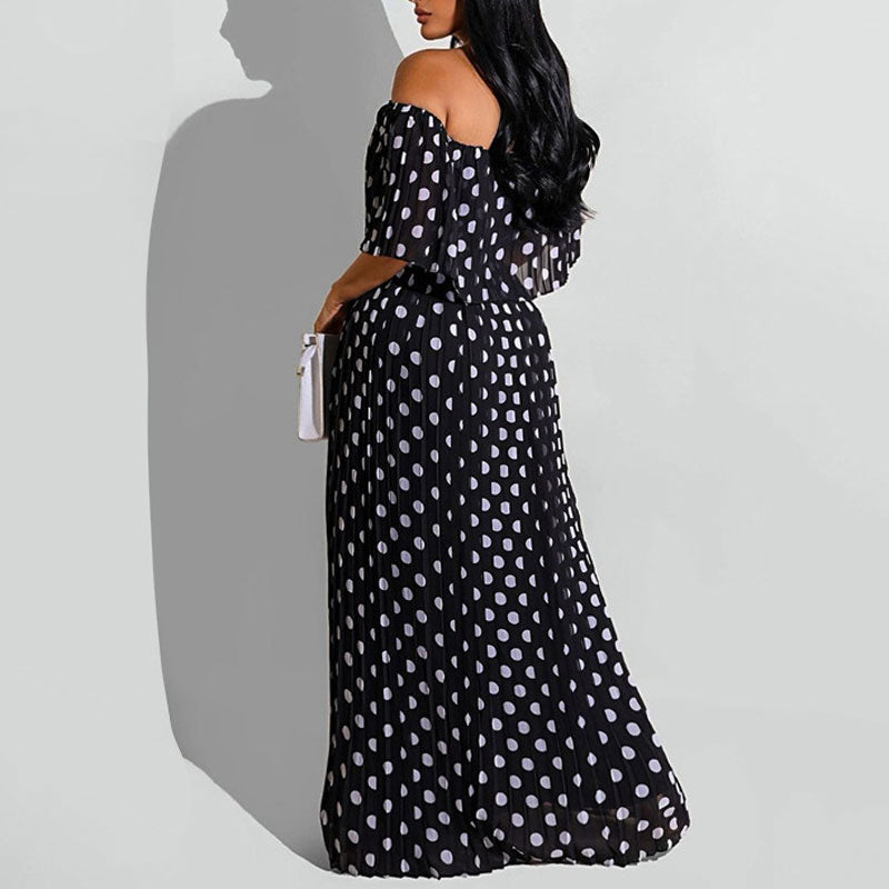 Polka Dot Print Off Shoulder Short Sleeve Maxi Dress