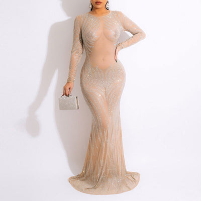 Rhinestone Long Sleeve Sheer Mesh Maxi Dress