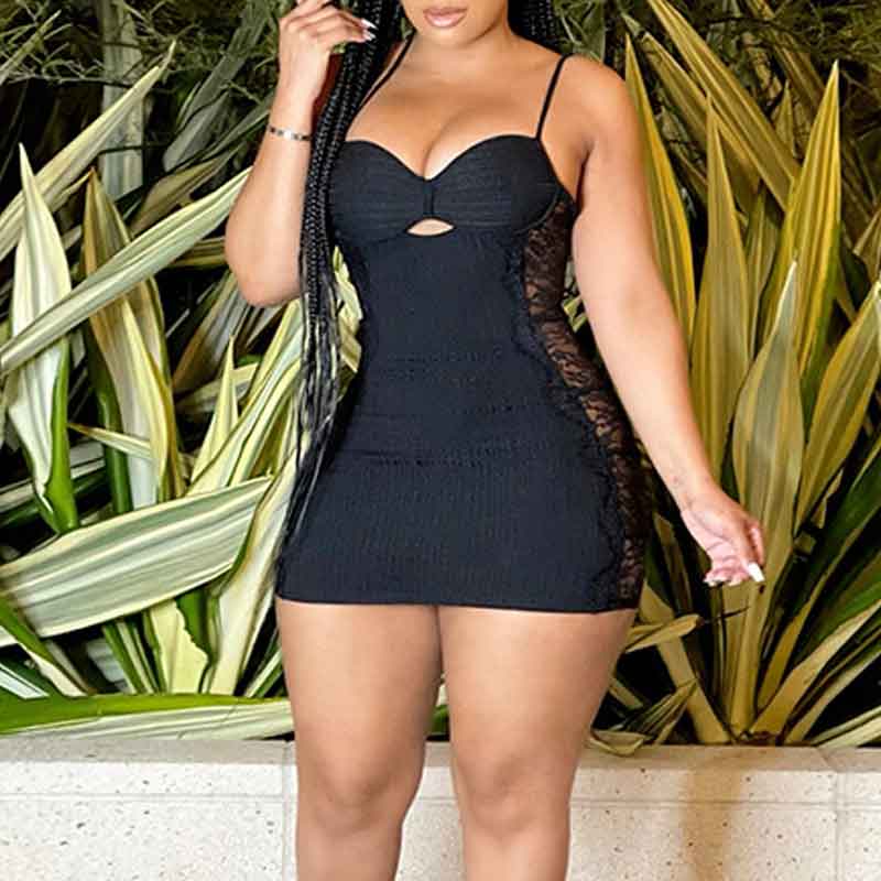 Solid Sleeveless Lace Patchwork Spaghetti Strap Mini Dress