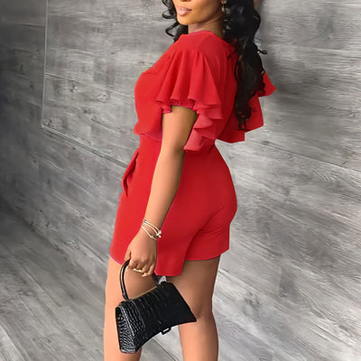 Solid V-Neck Ruffles Crop Top & Shorts Set