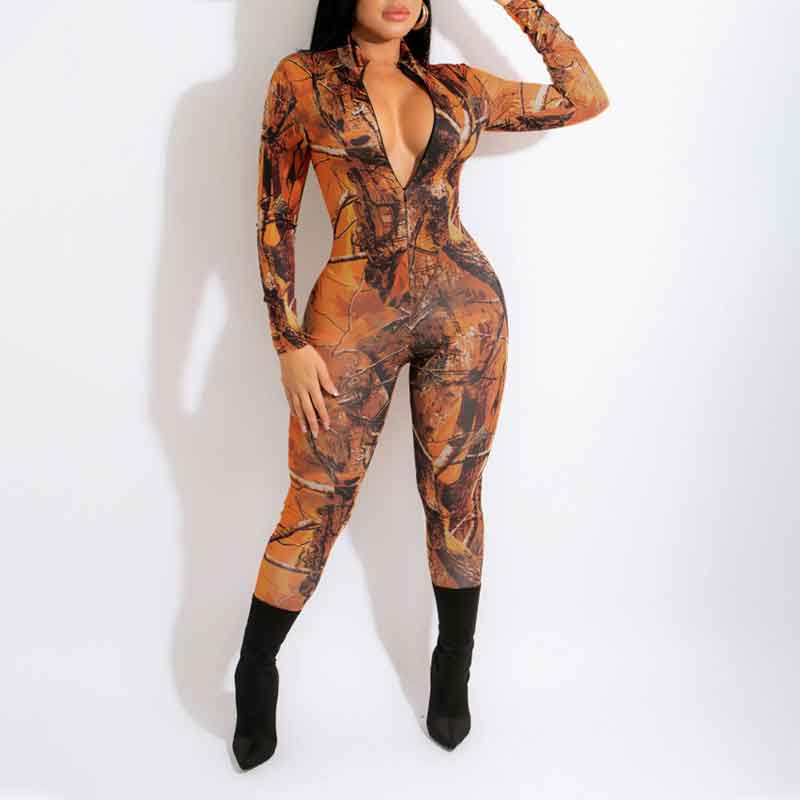Print Long Sleeve Zipper Design Skinny Jumpsuit