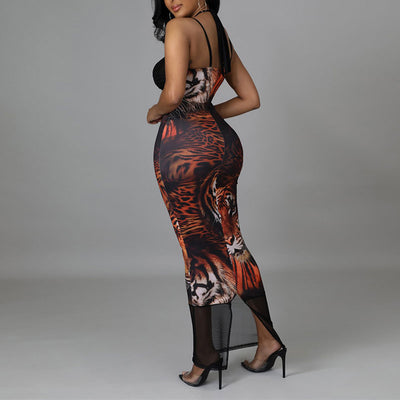 Print Sleeveless Halter Sheer Mesh Maxi Dress