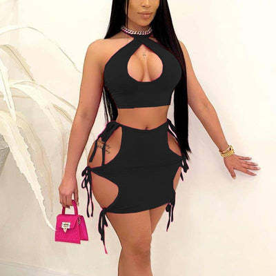 Solid Halter Hollow Out Bandage Skirts Set