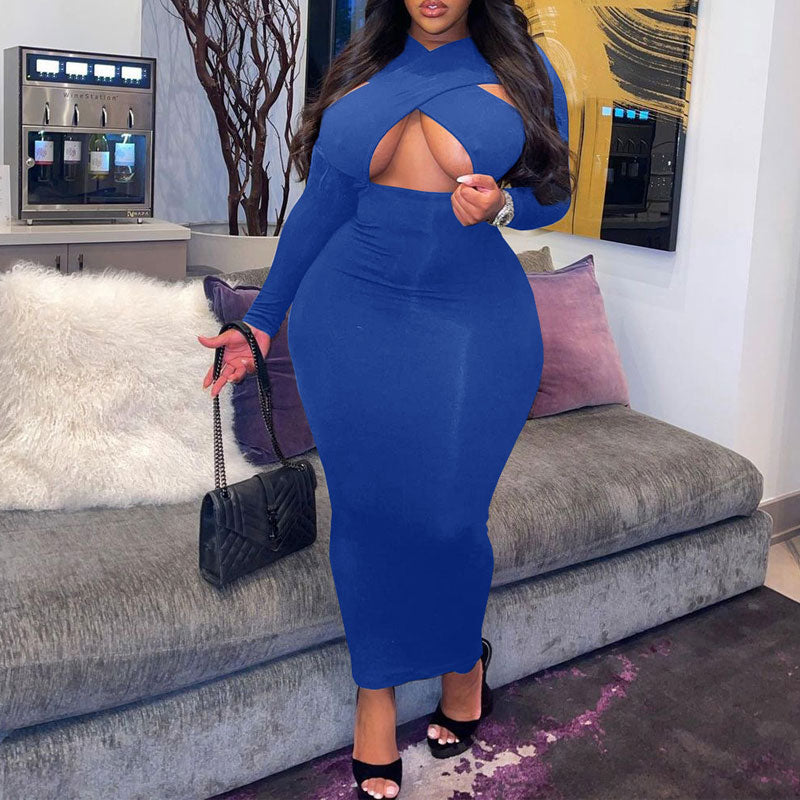 Solid Long Sleeve Hollow Out Plus Size Maxi Dress