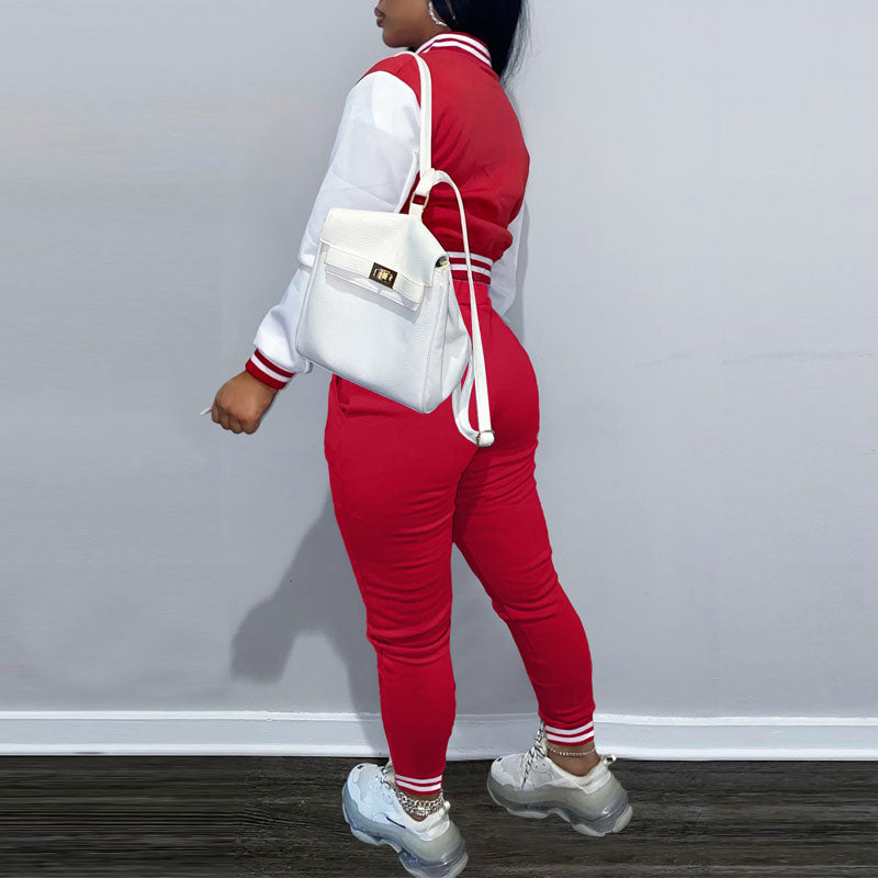 Colorblock Long Sleeve Button Detailed Baseball Coat & Pants Set