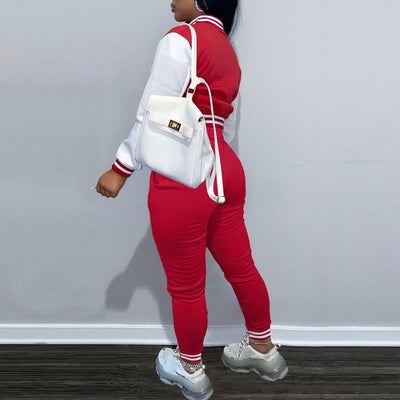 Colorblock Long Sleeve Button Detailed Baseball Coat & Pants Set
