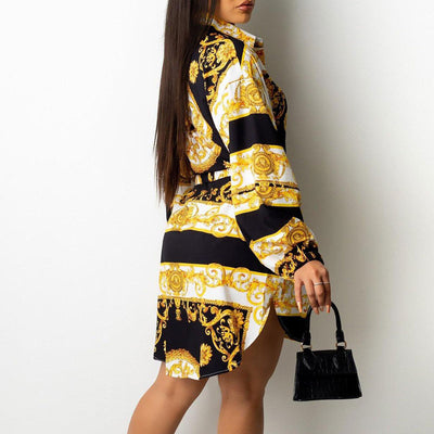 Print Long Sleeve Button Detailed Shirt Dress With Belt