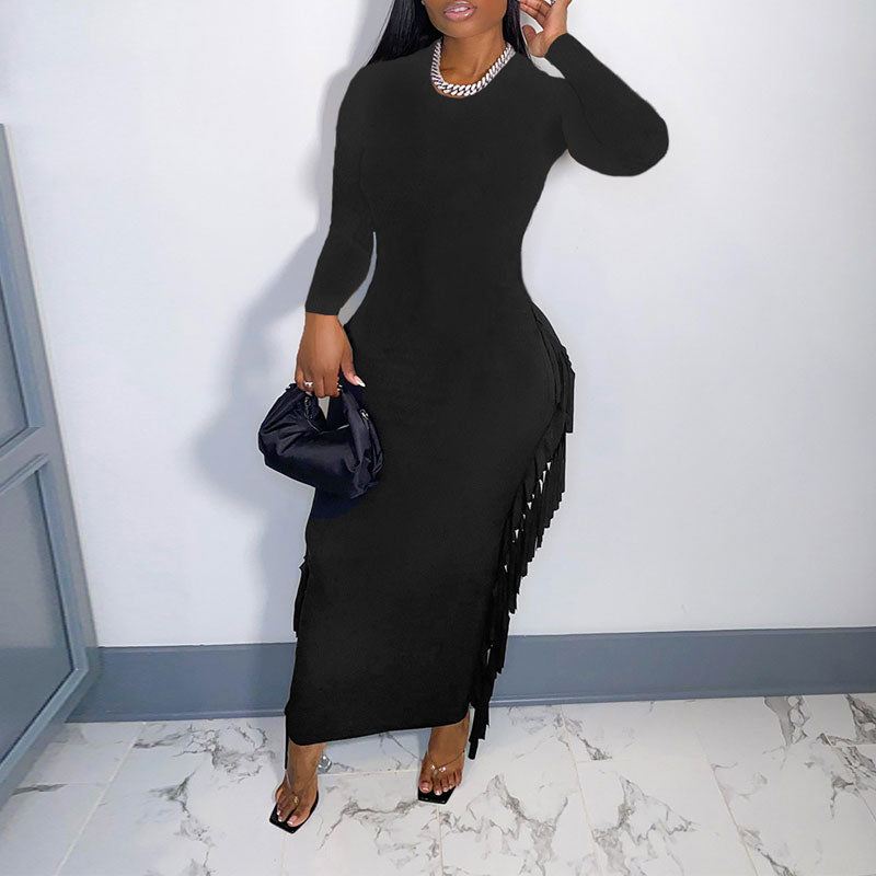 Solid Long Sleeve Tassel Design Maxi Dress
