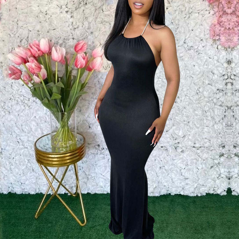 Solid Halter Backless Maxi Dress