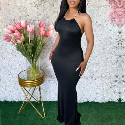 Solid Halter Backless Maxi Dress