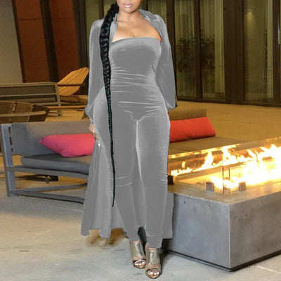Solid Velvet Long Sleeve Coat & Jumpsuit Set
