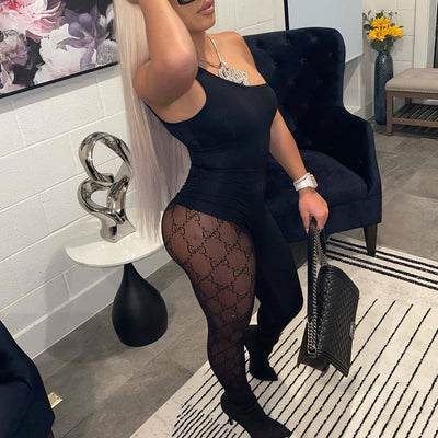 Solid One Shoulder Sleeveless Mesh Patchwork Jumpsuit