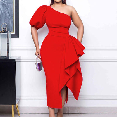 Solid One Shoulder Puff Sleeve Ruffled Midi Dress