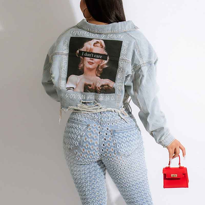 Letter Figure Print Long Sleeve Cut Out Denim Coat