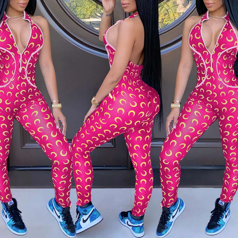 Print Halter Sleeveless Backless Jumpsuit