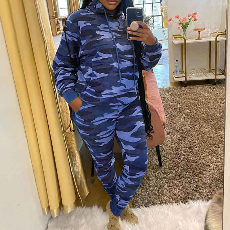 Camouflage Pattern Long Sleeve Hoodie Top & Pants Set