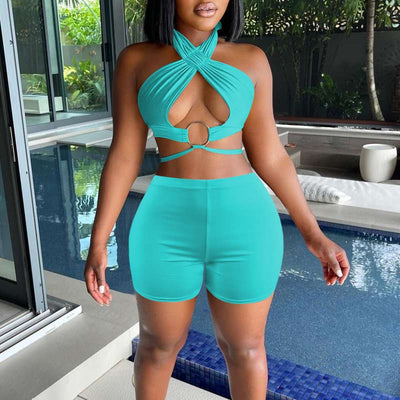 Solid Halter O Ring Cut Out Two Piece Shorts Set