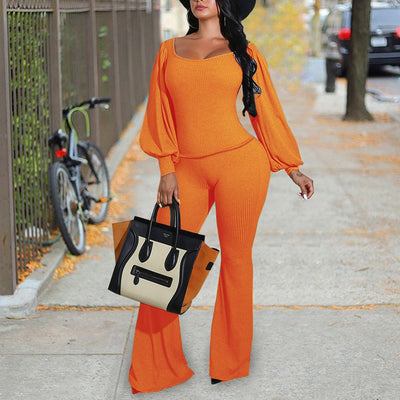 Solid Lantern Long Sleeve Ribbed Bell Bottom Pants Set