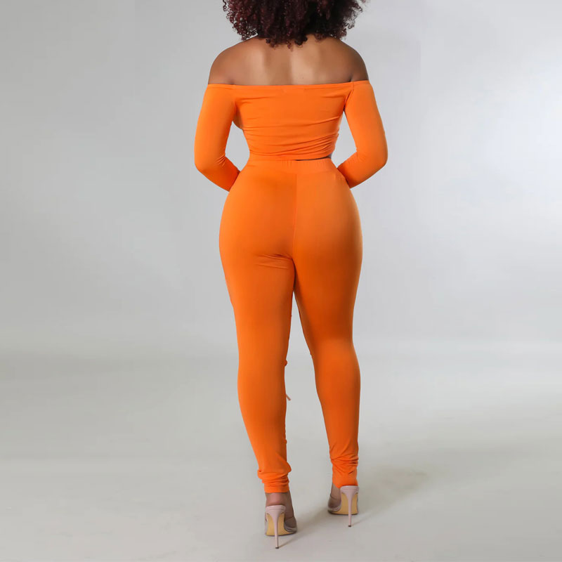 Solid Off Shoulder Long Sleeve Crop Top & Hollow Out Pants Set