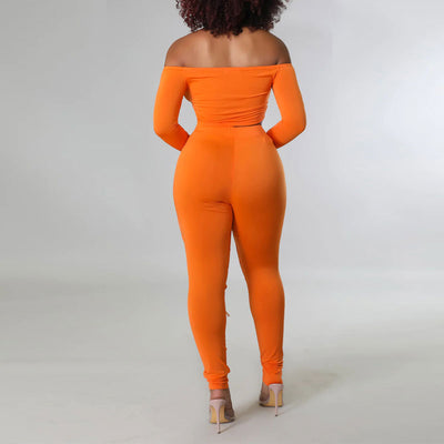 Solid Off Shoulder Long Sleeve Crop Top & Hollow Out Pants Set