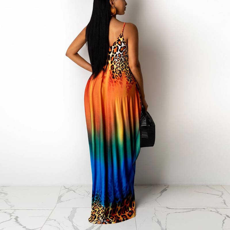 Gradient Color Leopard Pattern Sleeveless Maxi Dress
