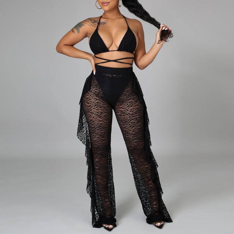 Solid Sheer Mesh Lace Three Piece Swimsuit Set