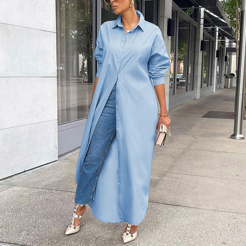 Solid Long Sleeve Maxi Shirt Dress