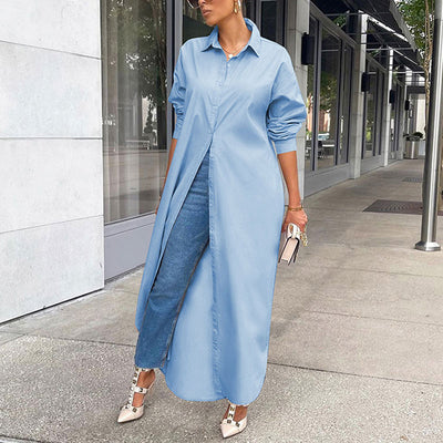 Solid Long Sleeve Maxi Shirt Dress