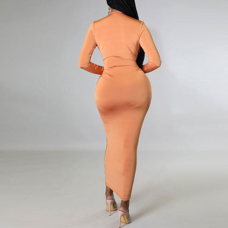 Solid Deep V-Neck Long Sleeve Ruched Midi Dress