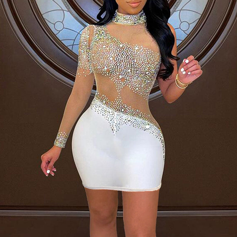 Rhinestone One Shoulder Sheer Mesh Patchwork Bodycon Dress