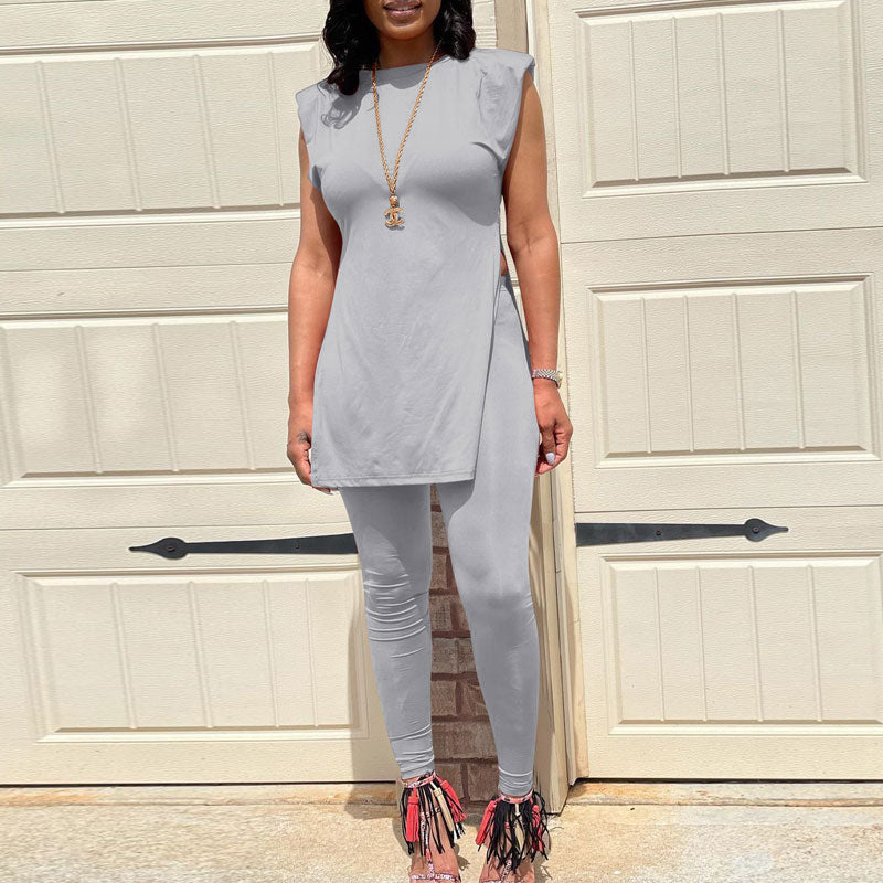 Solid Sleeveless Slit Top & Pants Set
