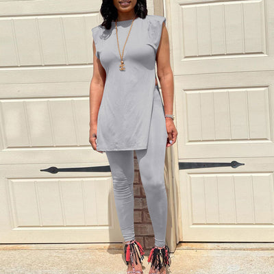 Solid Sleeveless Slit Top & Pants Set