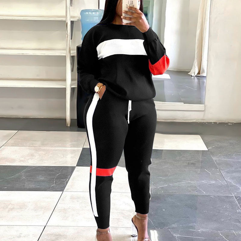 Colorblock Long Sleeve Casual Top & Pants Set