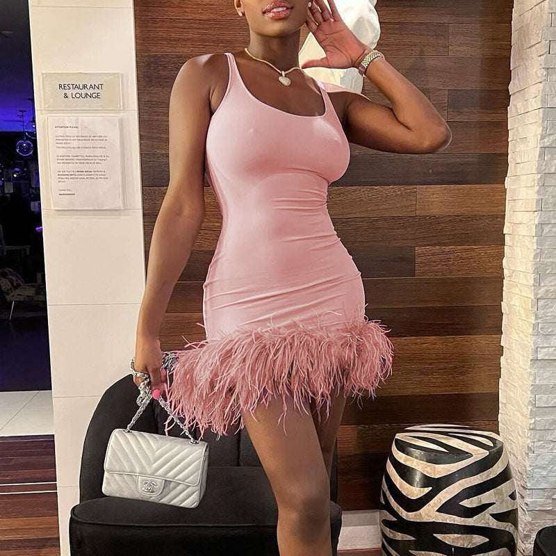 Solid Sleeveless Spaghetti Strap Feather Design Mini Dress
